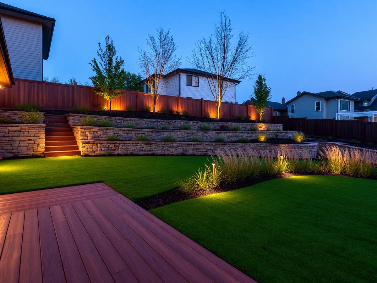 Terrain aménagé avec muret et pelouse